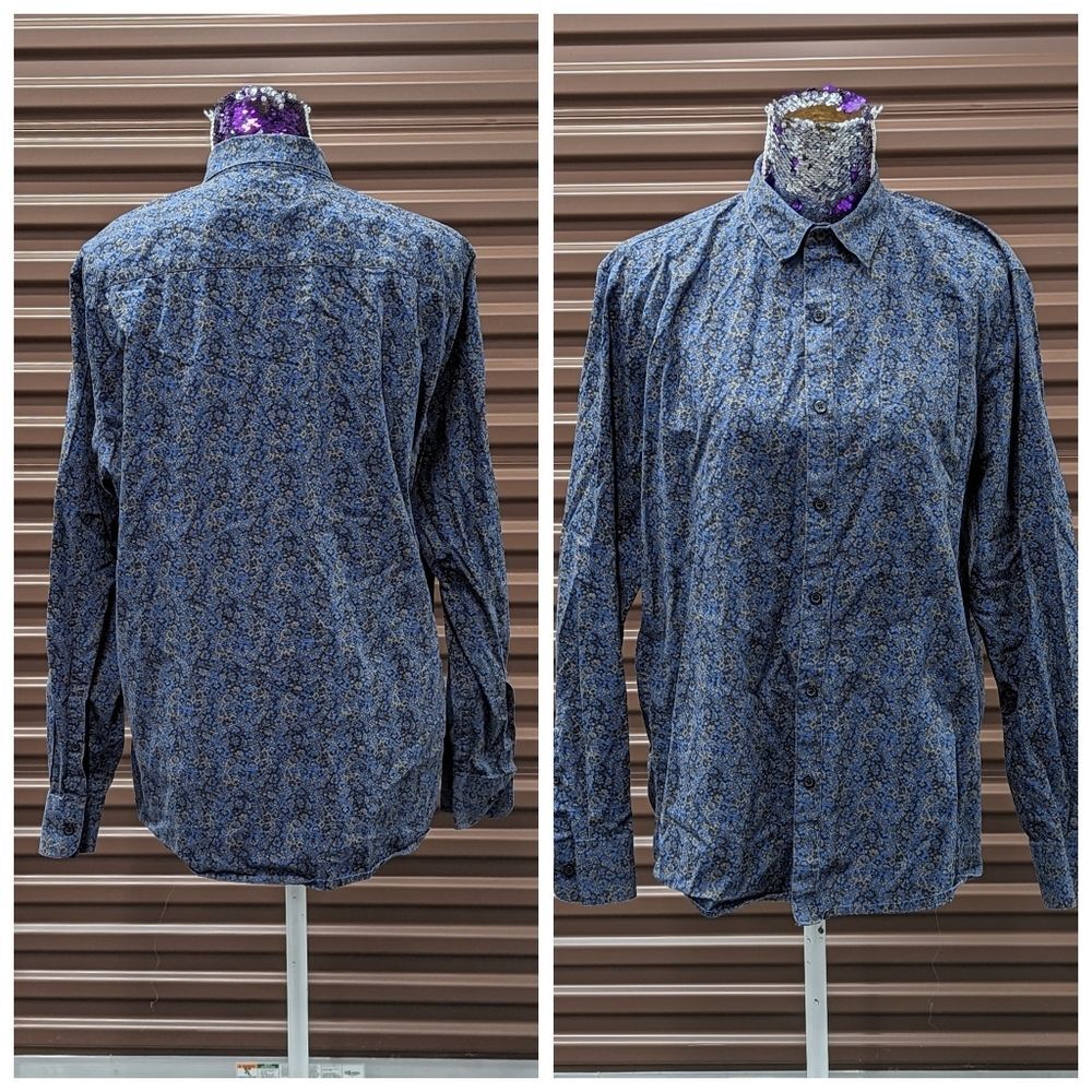 Marc Anthony Men's Size L 100% Cotton Floral Blue Long Sleeve Button Front Shirt